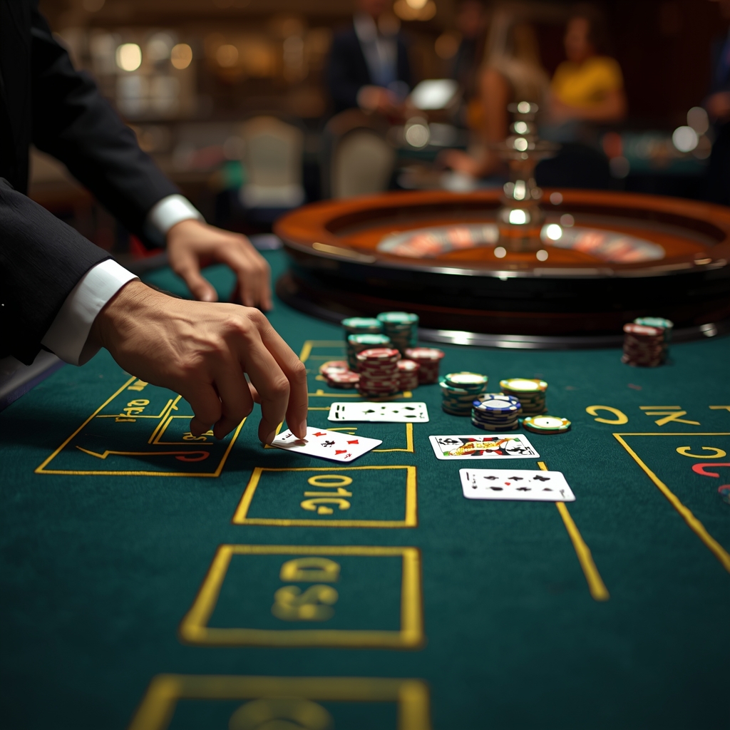 Tangan dealer profesional membagikan kartu di meja live, Dewiku88