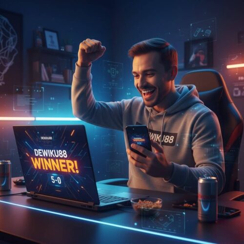 Pemain tersenyum sambil memegang smartphone dan melihat layar pertandingan bola online, menang taruhan di Dewiku88, suasana penuh energi dan kemenangan