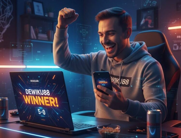 Pemain tersenyum sambil memegang smartphone dan melihat layar pertandingan bola online, menang taruhan di Dewiku88, suasana penuh energi dan kemenangan