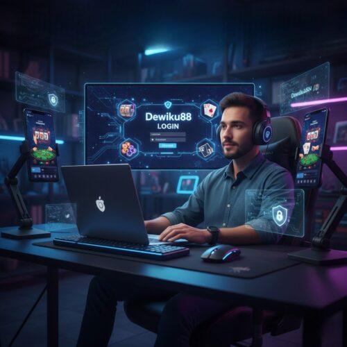 Pemain bermain game online modern dengan login Dewiku88, menekankan keamanan dan teknologi terbaru.