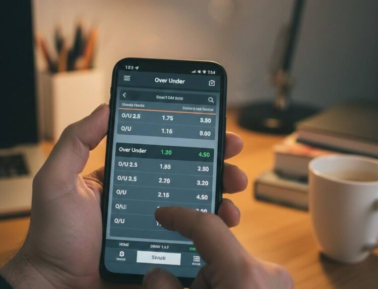 Tangan pria profesional memegang smartphone dengan tampilan live betting over under hokiku88 di meja kerja modern.