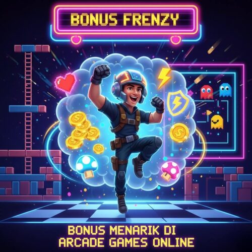 Ilustrasi pemain arcade online mengklaim bonus nyawa ekstra, token, dan power-up dengan efek neon cerah dan suasana kompetitif retro