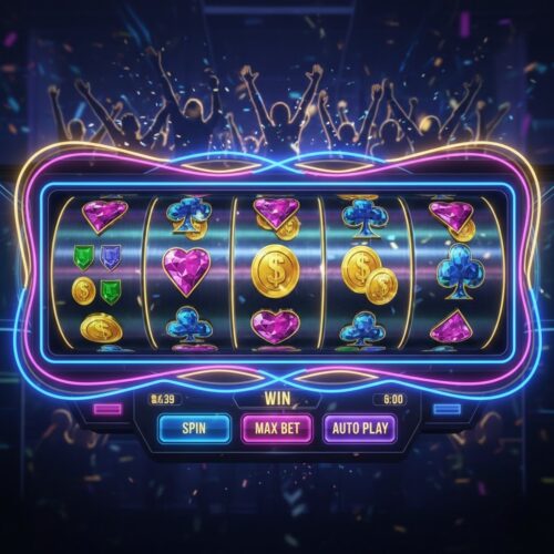 Slot online modern dengan gulungan berputar dan efek neon realistis